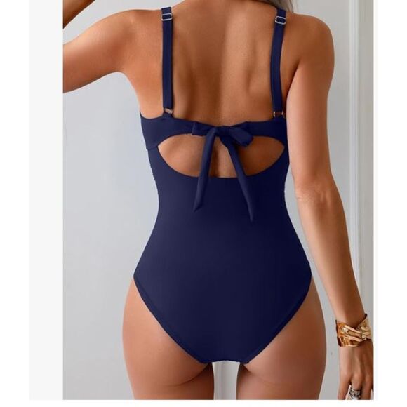 Eomenie Blue One Piece Swimsuit Size Large NWT Tie Back Adjustable Cutout Front - Picture 2 of 7